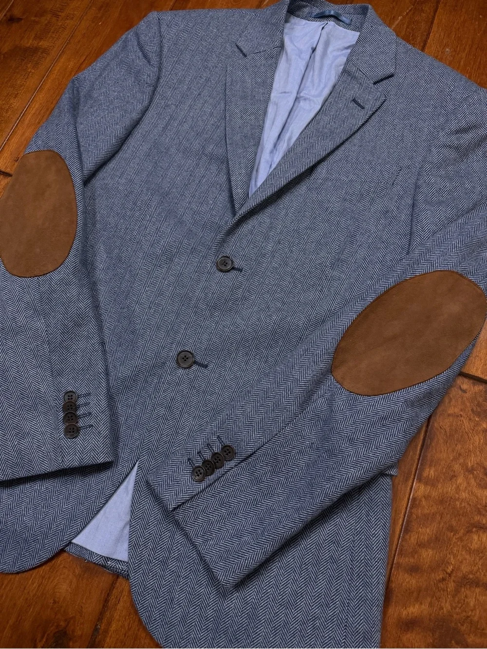 H&M Blue Herringbone Blazer with Brown Elbow Patches Extra fine Wool sz. 38R